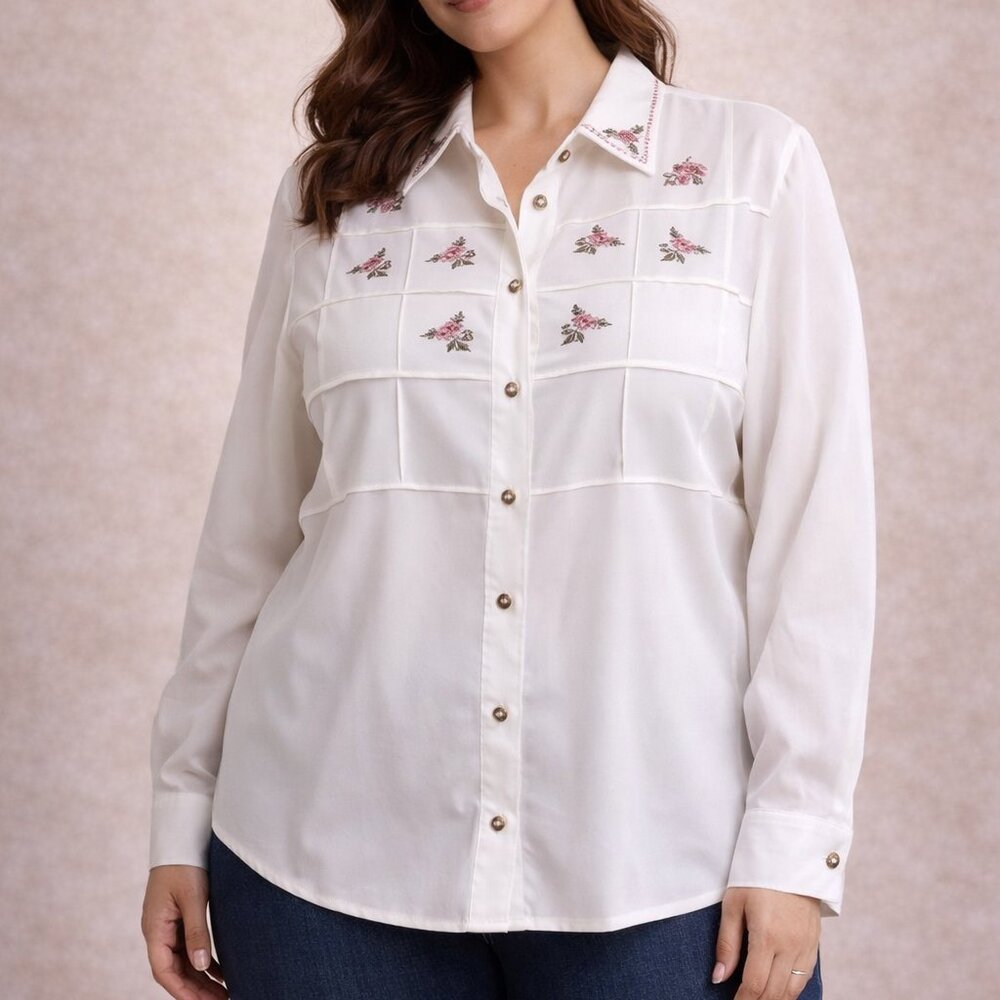 Koret Women’s 18 Blouse White Sheer Floral Embroidered Button-Up Long Sleeve Top